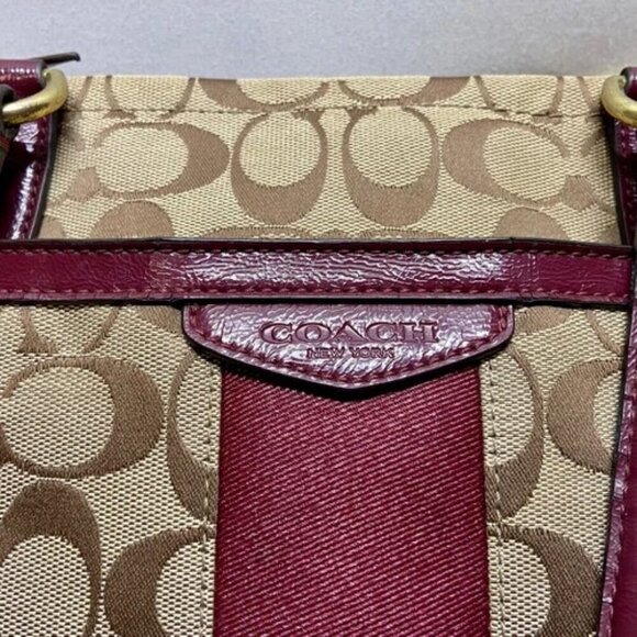 Coach Signature Stripe Shoulder Bag F28504 Patent Leather Trim Tan Raspberry GUC - Picture 12 of 16